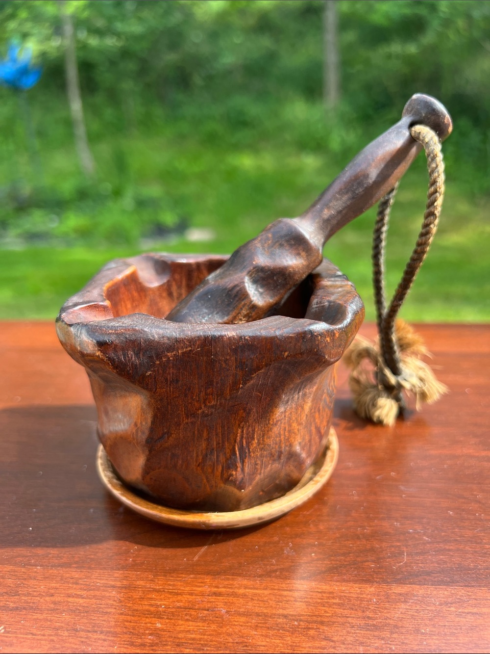 Vintage Spain Wooden Mortar & Pestle Herb Crusher Grinder Handcarved Apothecary